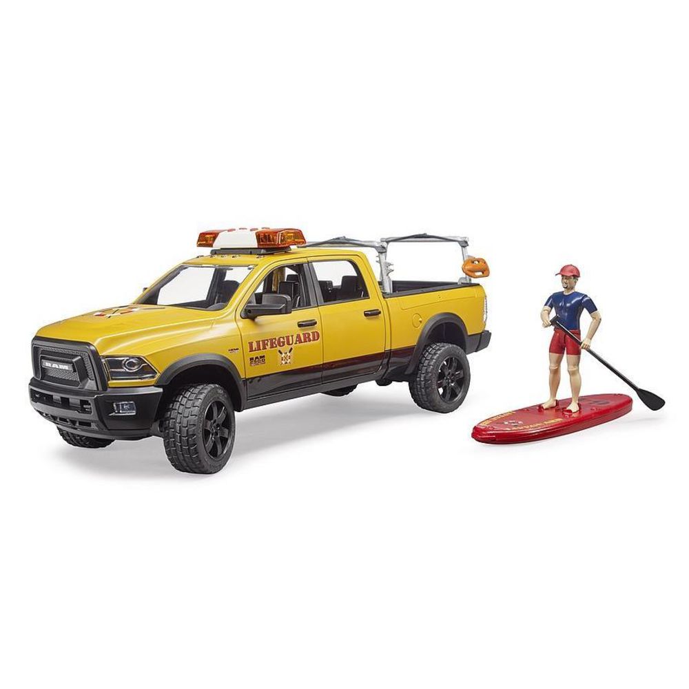 Bruder 02506 - RAM 2500 Power Wagon Life Guard mit Figur, Stand Up Paddle und Light & Sound Modul