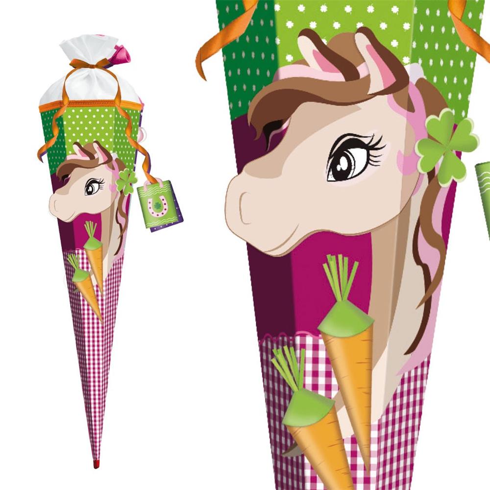 Roth Schultüte-Bastelset, Pferd Huppi, 80cm, eckig, Rot(h)-Spitze, Filzverschluss