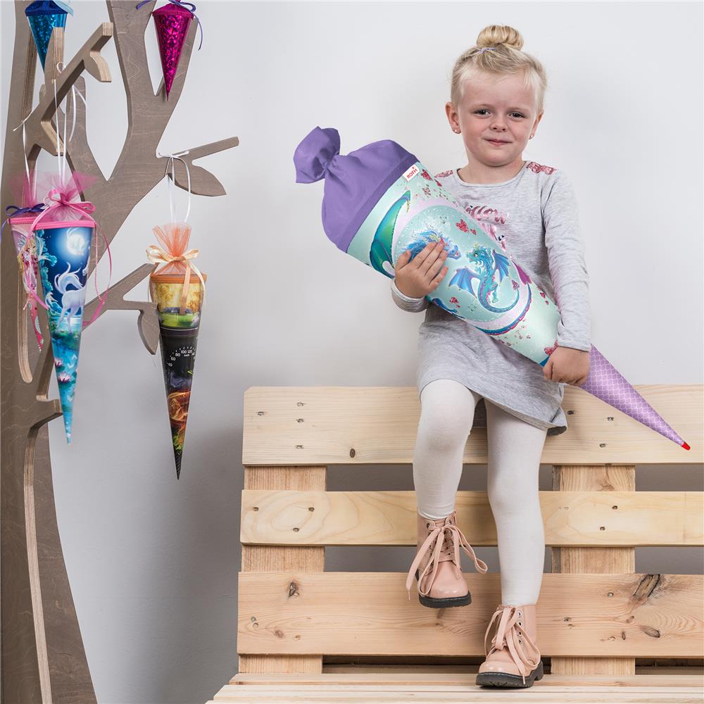 Roth Schultüte Drachenliebe, 70cm, rund, Rot(h)-Spitze, Filzverschluss, Glitter