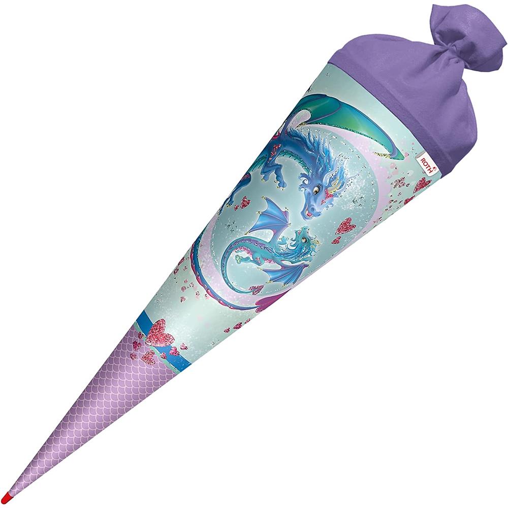 Roth Schultüte Drachenliebe, 70cm, rund, Rot(h)-Spitze, Filzverschluss, Glitter