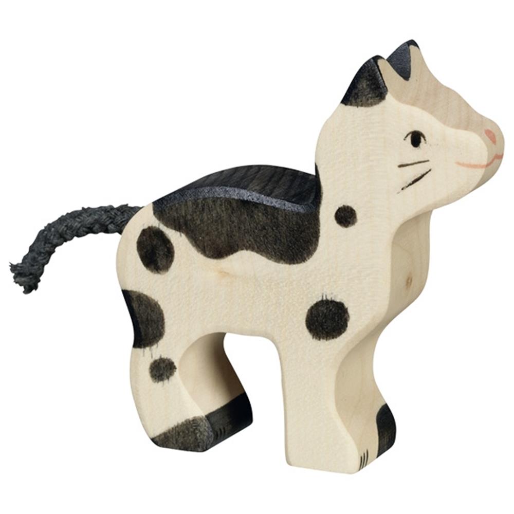 Holztiger Holzfigur - Katze, klein, schwarz und weiß, Tierfigur
