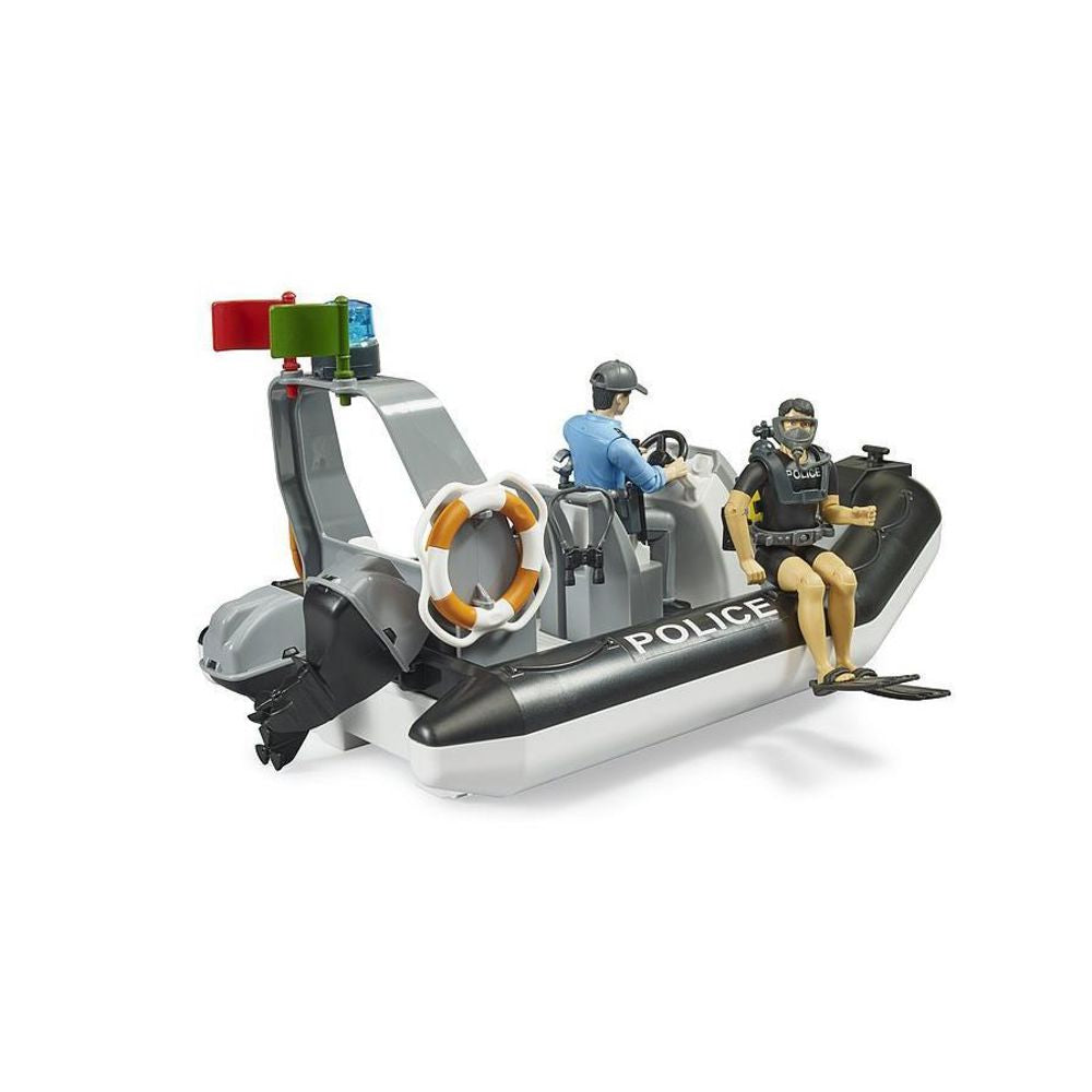 Bruder 62733 - bworld Polizei Schlauchboot mit Rundumleuchte, 2 Figuren und Zubehör