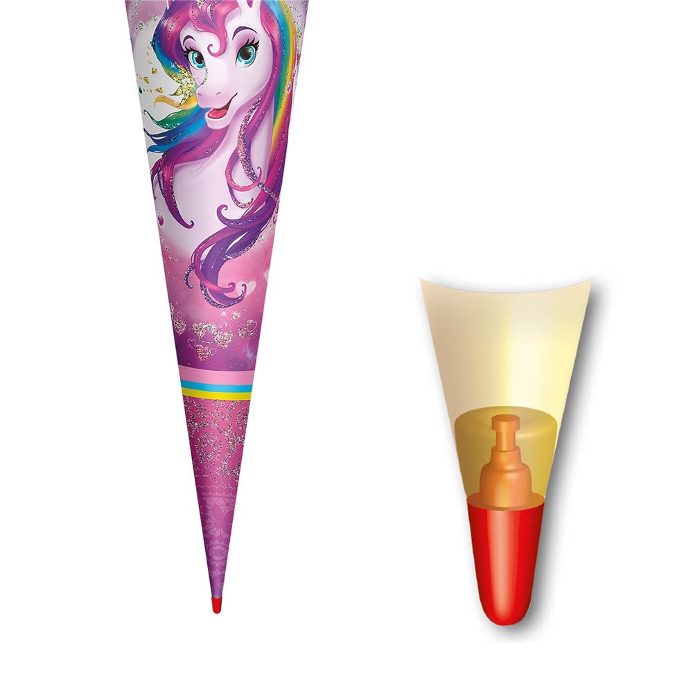 Roth Schultüte Einhornportrait, 70cm, rund, Rot(h)-Spitze, Filzverschluss, Glitter