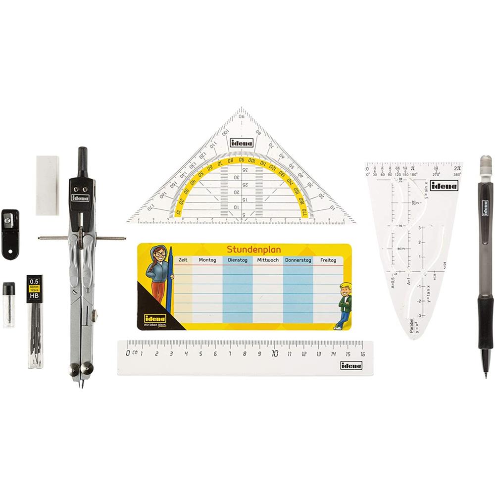 Idena Zirkel-Set im Etui 11-teilig mit Geodreieck Ersatzminen Druckbleistift Stundenplan