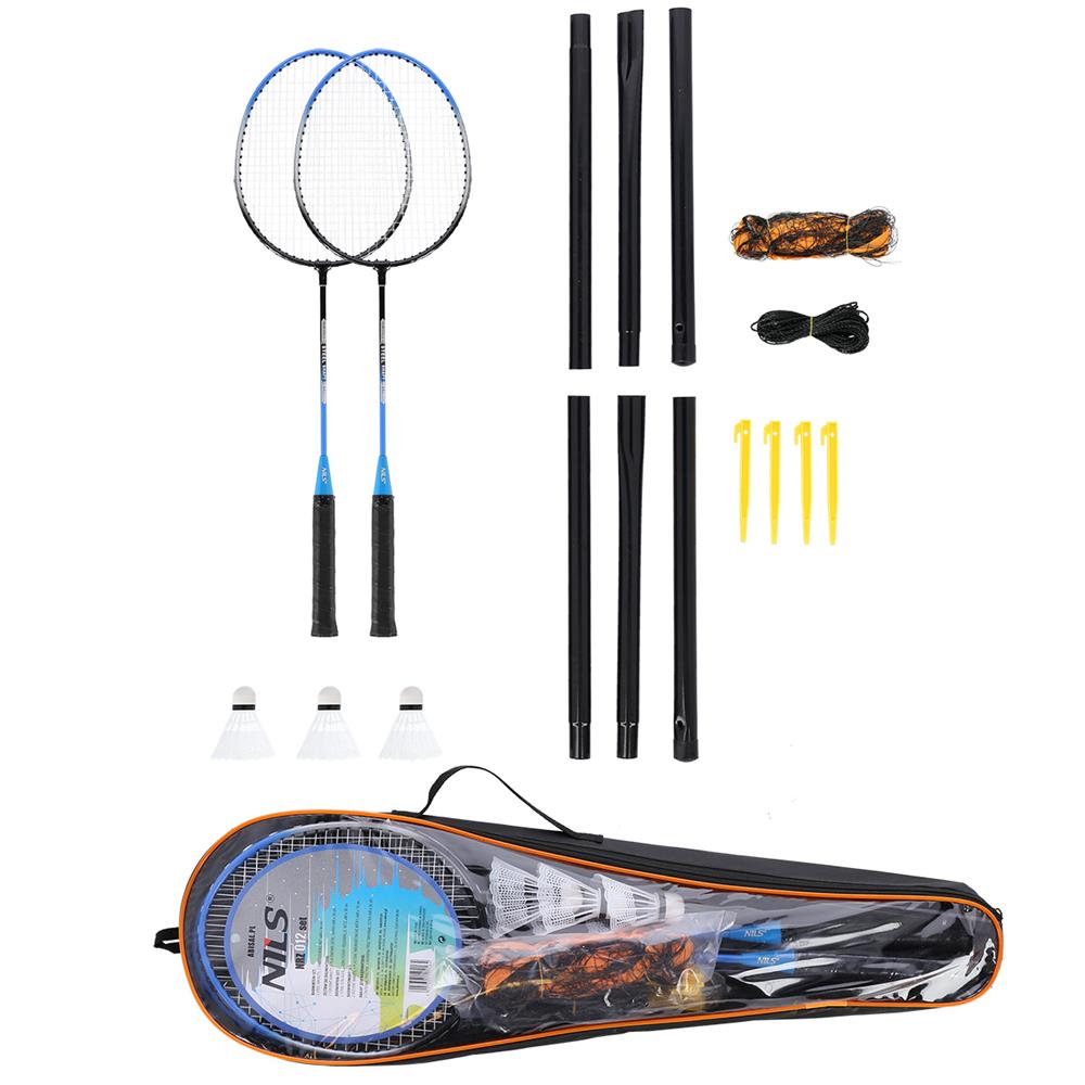 NILS Badminton Set mit Netz, 2 Schlägern und 3 Federbällen, Outdoor Garten Freizeit