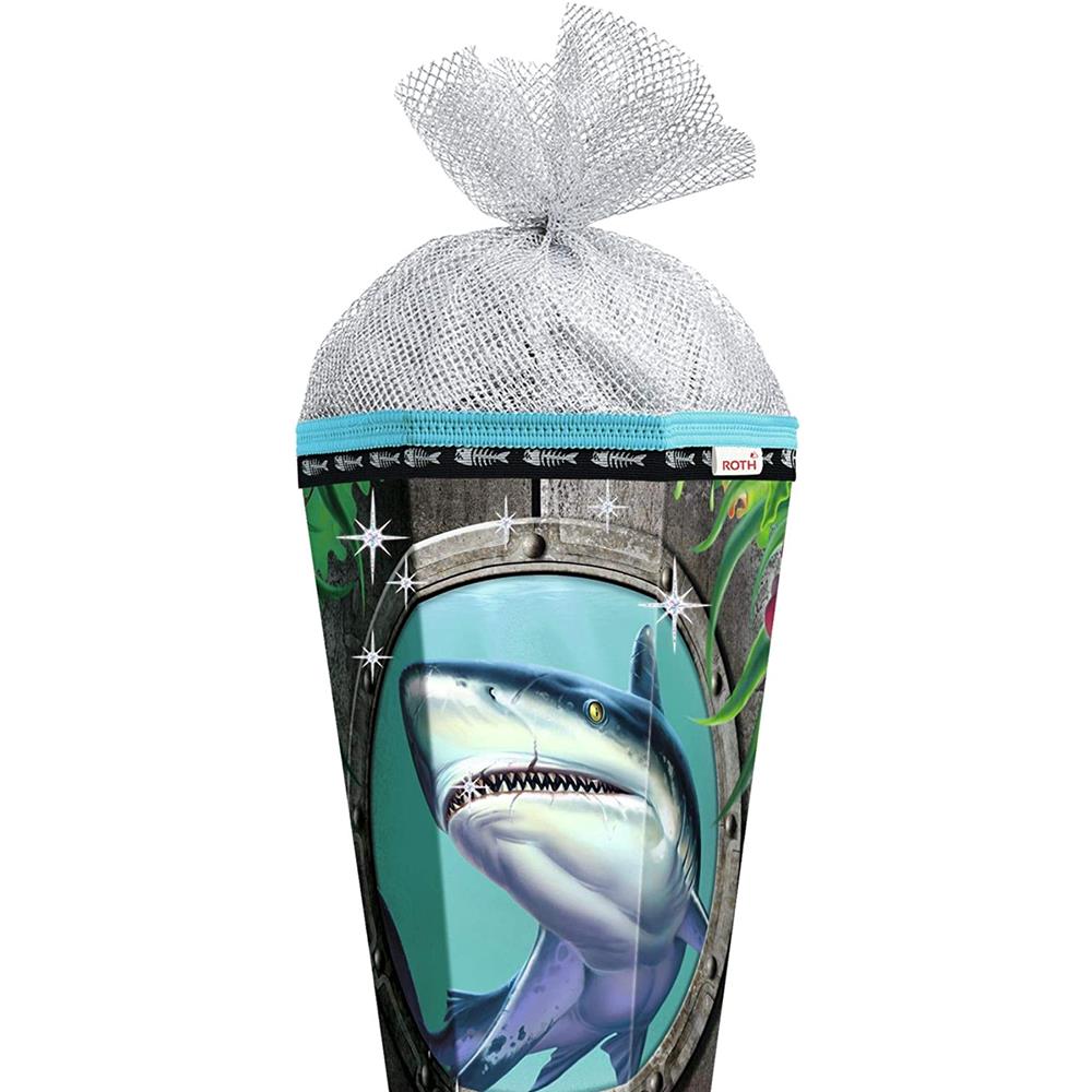 Roth Schultüte Hai, 85cm, eckig, Rot(h)-Spitze, Tüllverschluss (Silbertüll), Folieneffekt