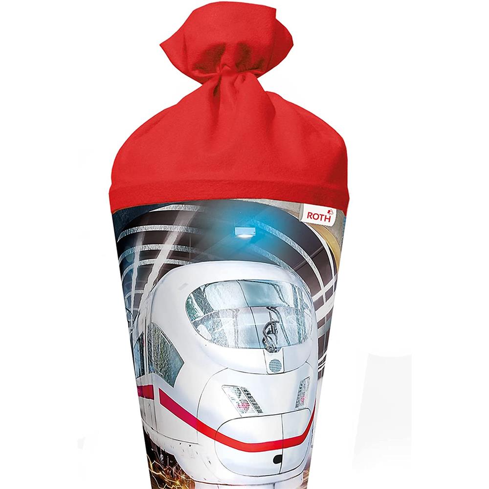 Roth Schultüte Schnellzug, 70cm, rund, Rot(h)-Spitze, Filzverschluss, Folieneffekt
