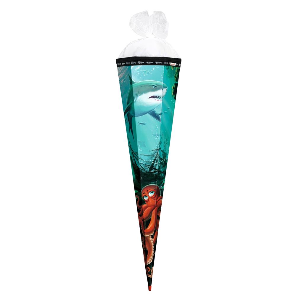 Roth Schultüte Hai mit Krake, 85cm, eckig, Rot(h)-Spitze, Tüllverschluss, Schmuckborte