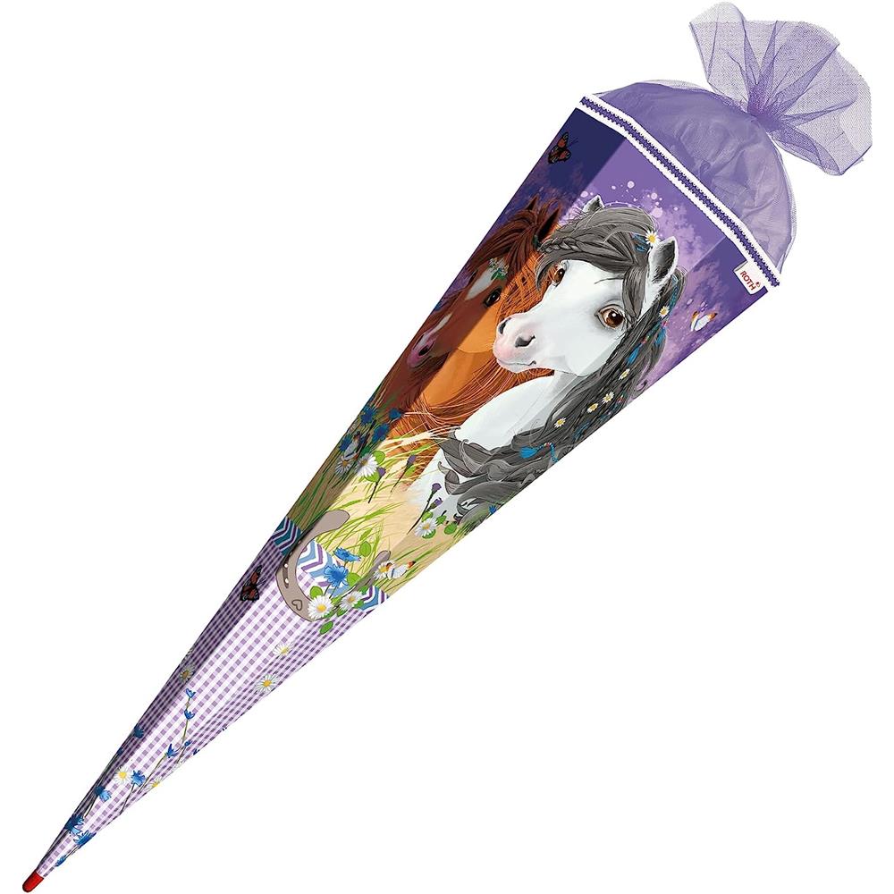 Roth Schultüte Blumenpferde, 85cm, eckig, Rot(h)-Spitze, Tüllverschluss