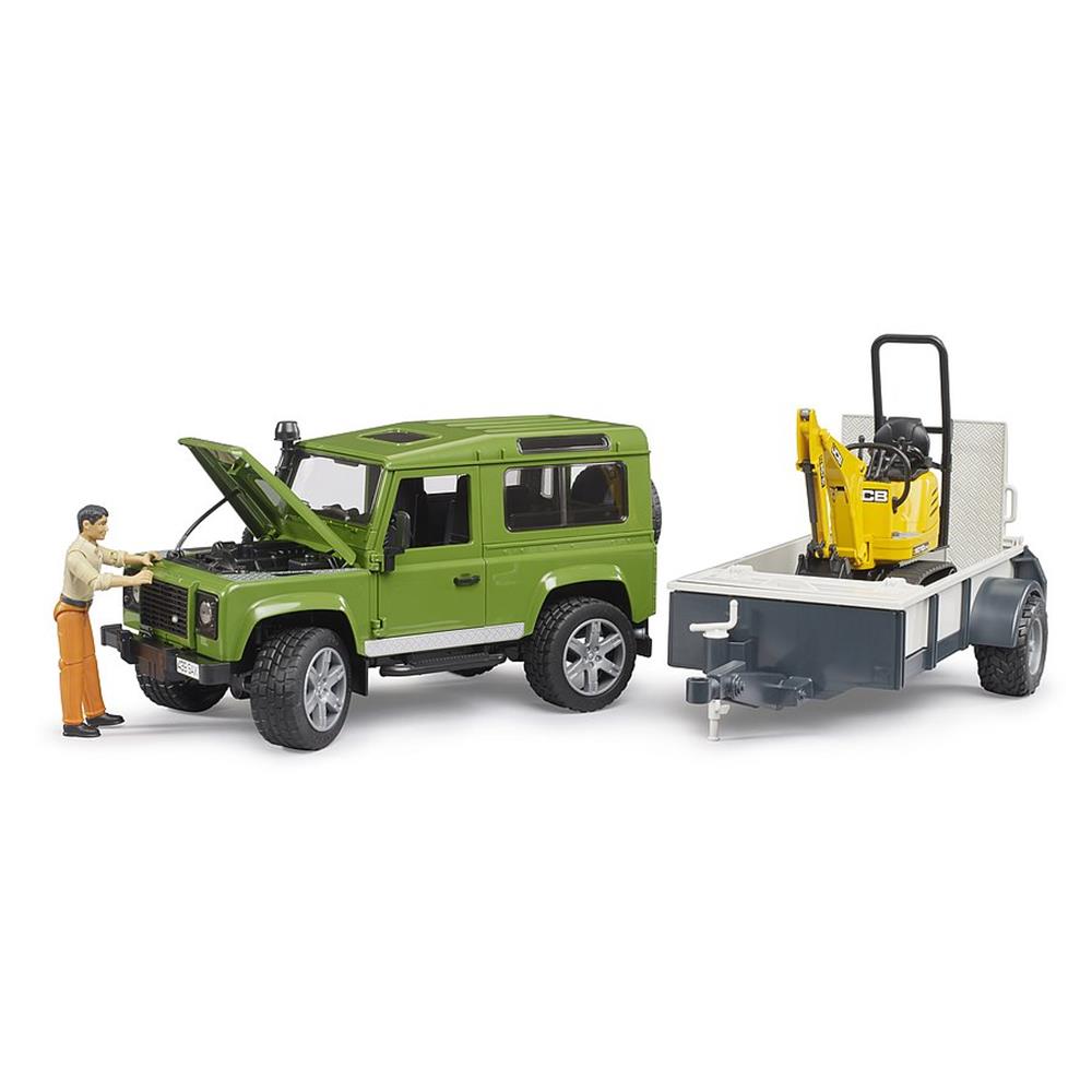 Bruder 02593 - Land Rover Defender, JCB Mikrobagger 8010 CTS und Bauarbeiter
