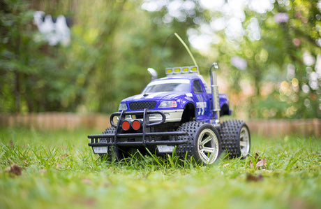 Ferngesteuerter Geländewagen auf einer Wiese.
