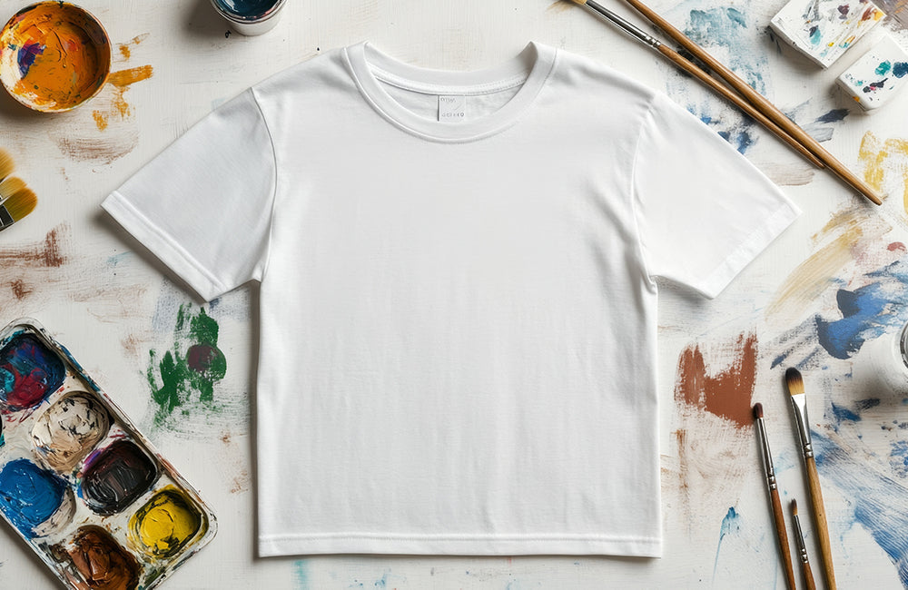 Ein weißes T-Shirt, Pinsel und eine Farbpalette liegen auf einem Tisch.