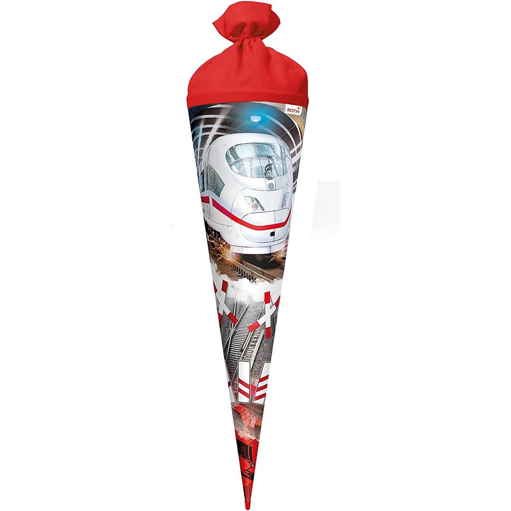 Roth Schultüte Schnellzug, 70cm, rund, Rot(h)-Spitze, Filzverschluss, Folieneffekt