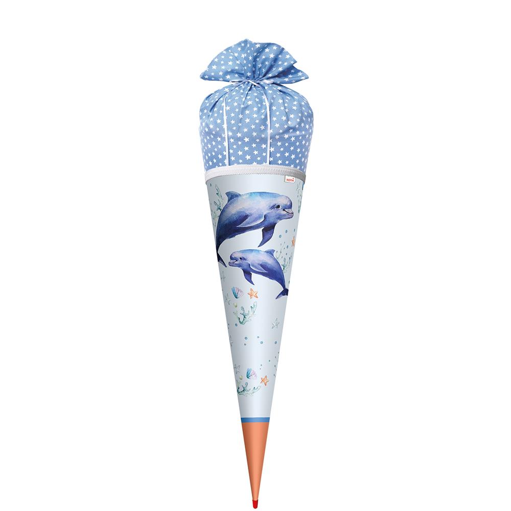 Roth Schultüte Lieblingsstück Delfin Duo, 70cm, rund, mit Rot(h)-Spitze und blauem Stoffverschluss