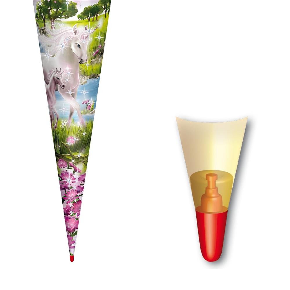 Roth Schultüte Einhorn mit Fohlen, 70cm, rund, Rot(h)-Spitze, Filzverschluss, Glitter