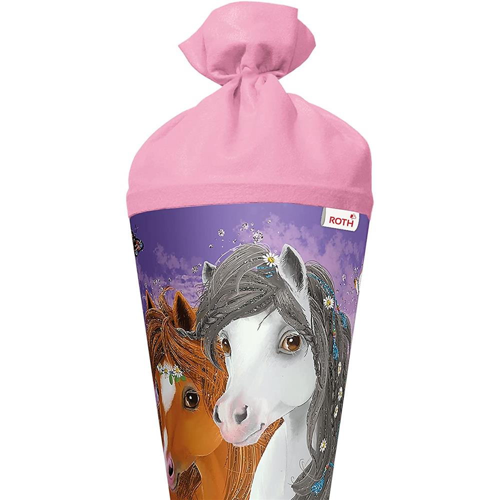 Roth Schultüte Blumenpferde, 70cm, rund, Rot(h)-Spitze, Filzverschluss, Glitter