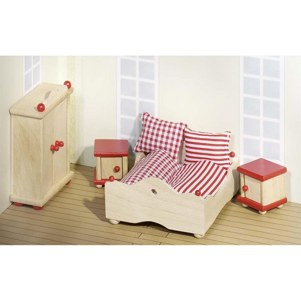 Goki Puppenmöbel Schlafzimmer, 9-teiliges Puppenhauszubehör aus Holz