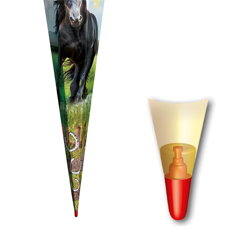 Roth Schultüte Power Pferd, 85cm, eckig, Rot(h)-Spitze, Tüllverschluss (Netztüll)
