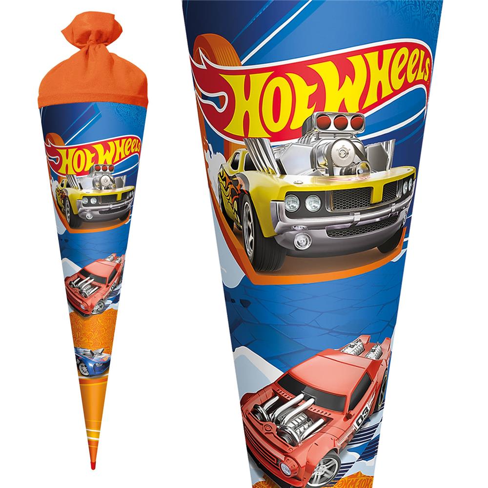 Roth Schultüte Hot Wheels, 70cm, rund, mit Rot(h)-Spitze und orangefarbigem Filzverschluss