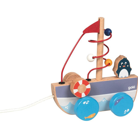 goki Ziehschiff Ahoi mit Motorikschleife – Metall- und Holzspielzeug, für Kinder ab 1 Jahr