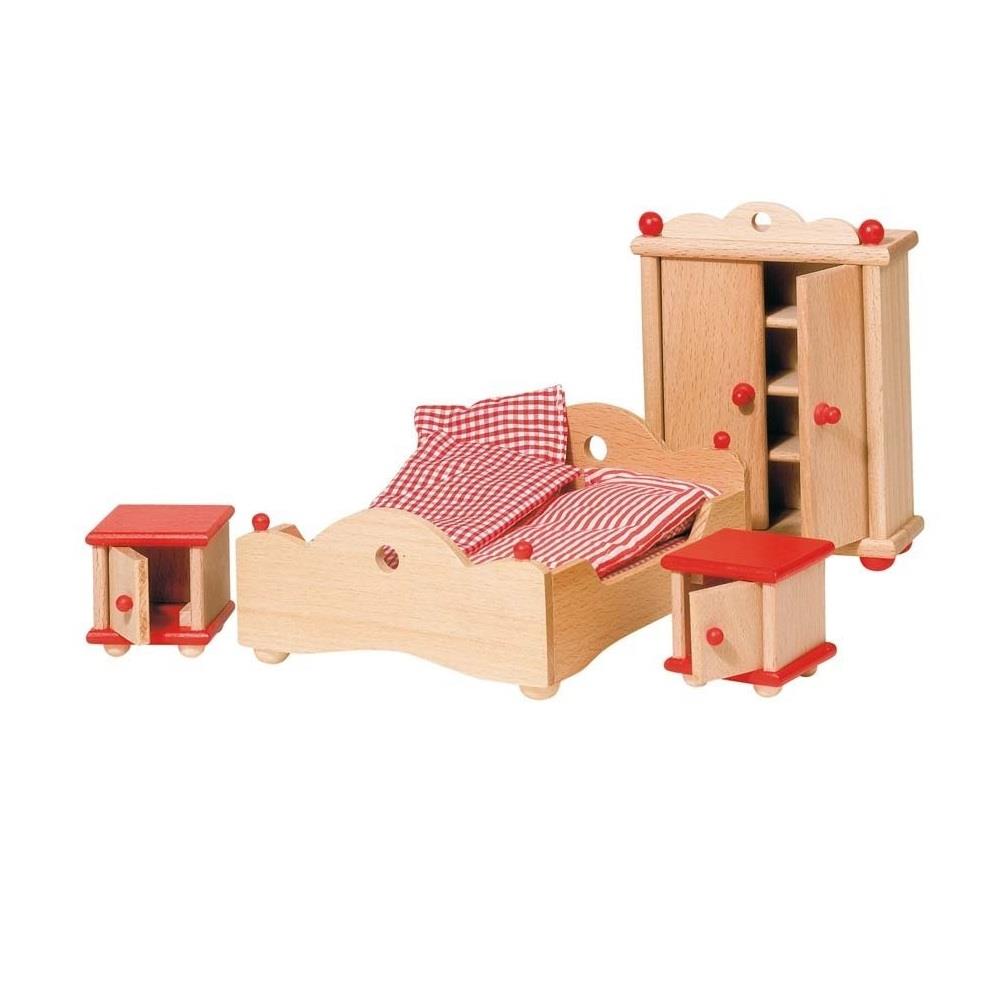 Goki Puppenmöbel Schlafzimmer, 9-teiliges Puppenhauszubehör aus Holz