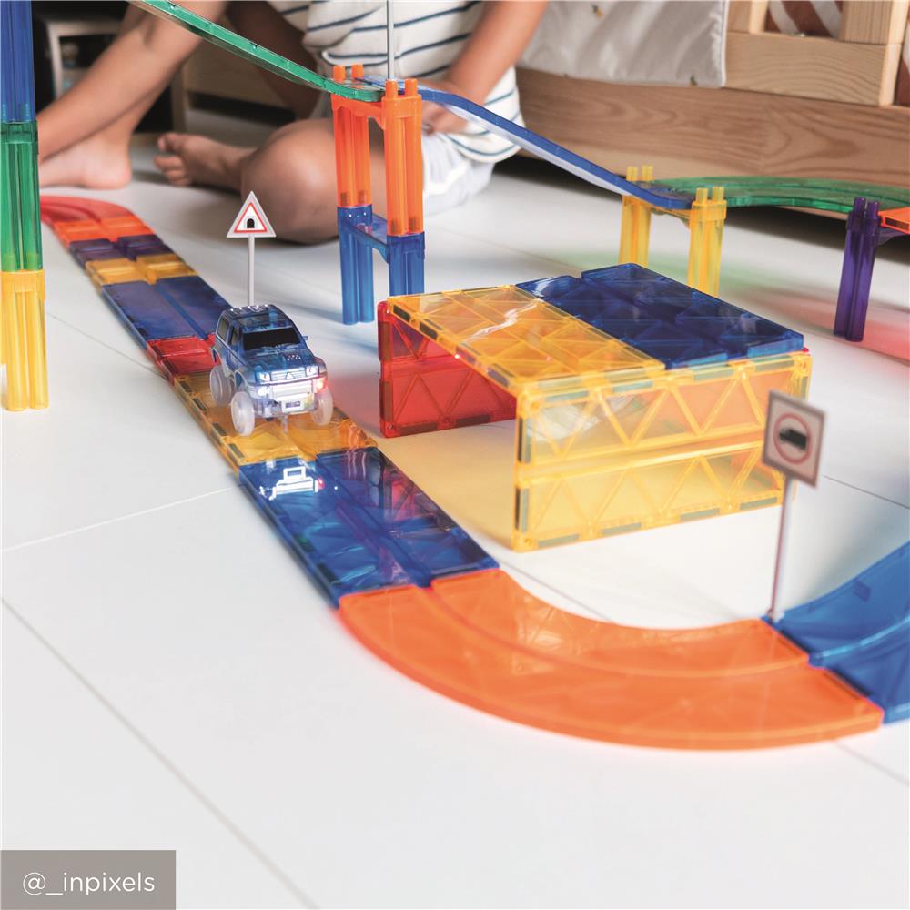 Cleverclixx Autobahn-Bausatz Erweiterungsset 15 Kurven Knallfarben, Rennstrecke, magnetische Bausteine