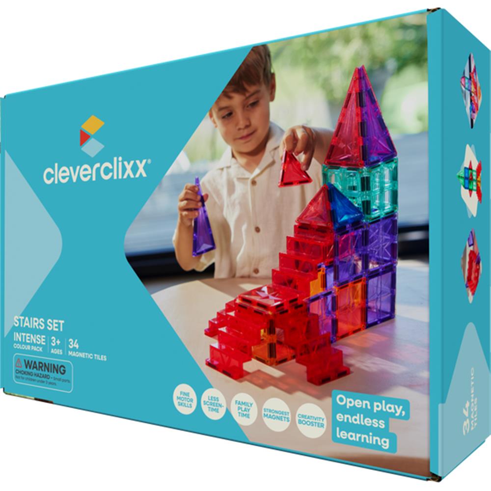 Cleverclixx Treppen Set Knallfarben 34 Teile, Magnetspielzeug, erweiterbare Sets