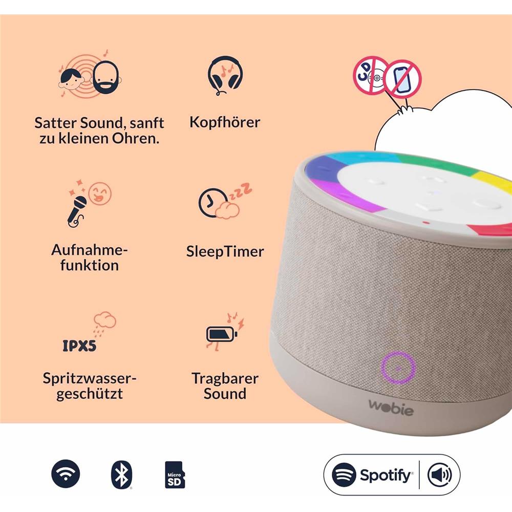 Wobie Box Grau Kinder Musikbox mit Spotify, WLAN, Bluetooth, SD-Slot & Kopfhöreranschluss