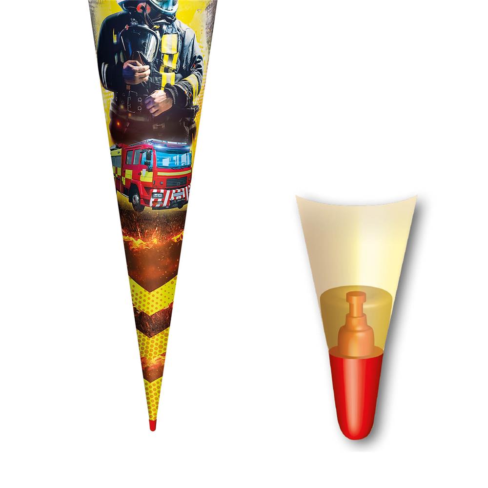 Roth Schultüte Feuerwehrmann, 70cm, rund, mit Rot(h)-Spitze und rotem Filzverschluss