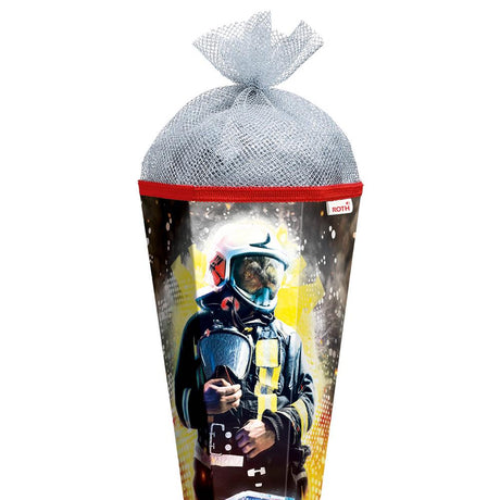 Roth Schultüte Feuerwehrmann, 85cm, eckig, Rot(h)-Spitze, Tüllverschluss (Silbertüll), Folieneffekt