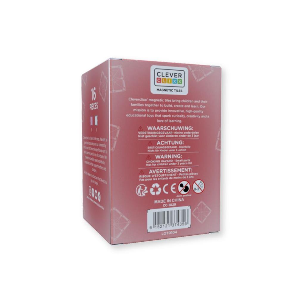 Cleverclixx Glitter Tiles Pack Transparent Rosa 16 Teile, magnetische Glitzer Bausteine, erweiterbare Sets
