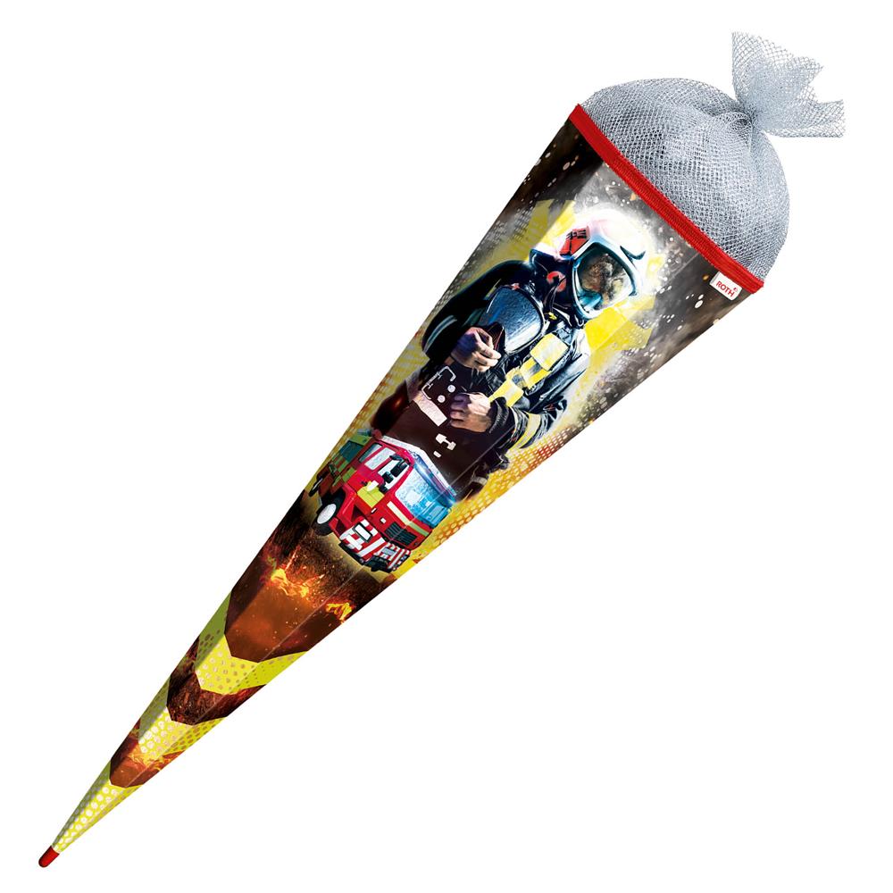 Roth Schultüte Feuerwehrmann, 85cm, eckig, Rot(h)-Spitze, Tüllverschluss (Silbertüll), Folieneffekt