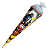 Roth Schultüte Feuerwehrmann, 85cm, eckig, Rot(h)-Spitze, Tüllverschluss (Silbertüll), Folieneffekt