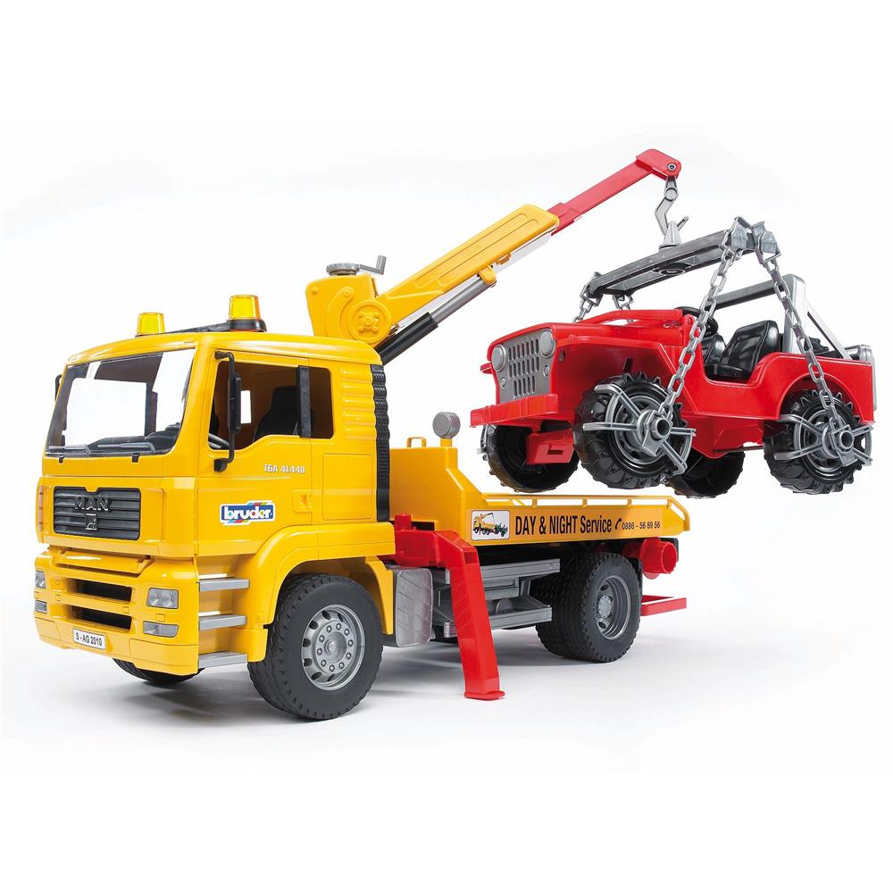 Bruder 02750 - MAN TGA Abschlepp-LKW mit Geländewagen, 1:16