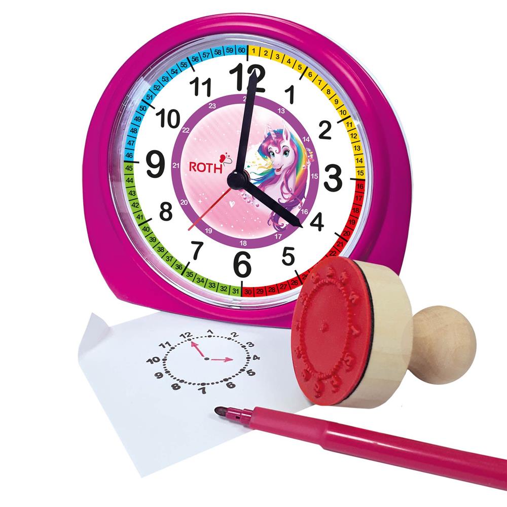 Roth Kinderwecker Einhornportrait Set – Lernwecker mit Stempel zum Uhrzeit lernen