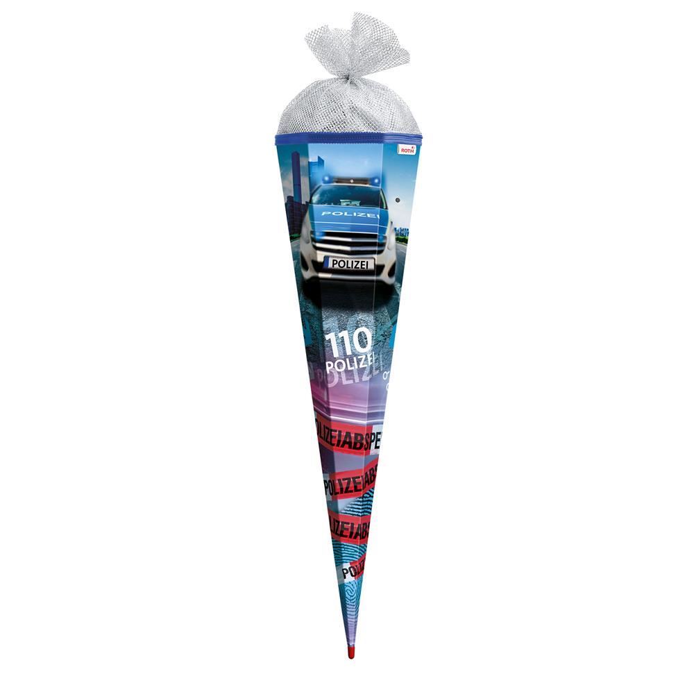 Roth Schultüte Polizei 110, 85cm, eckig, Rot(h)-Spitze, Tüllverschluss (Silbertüll), mit Licht & Sound