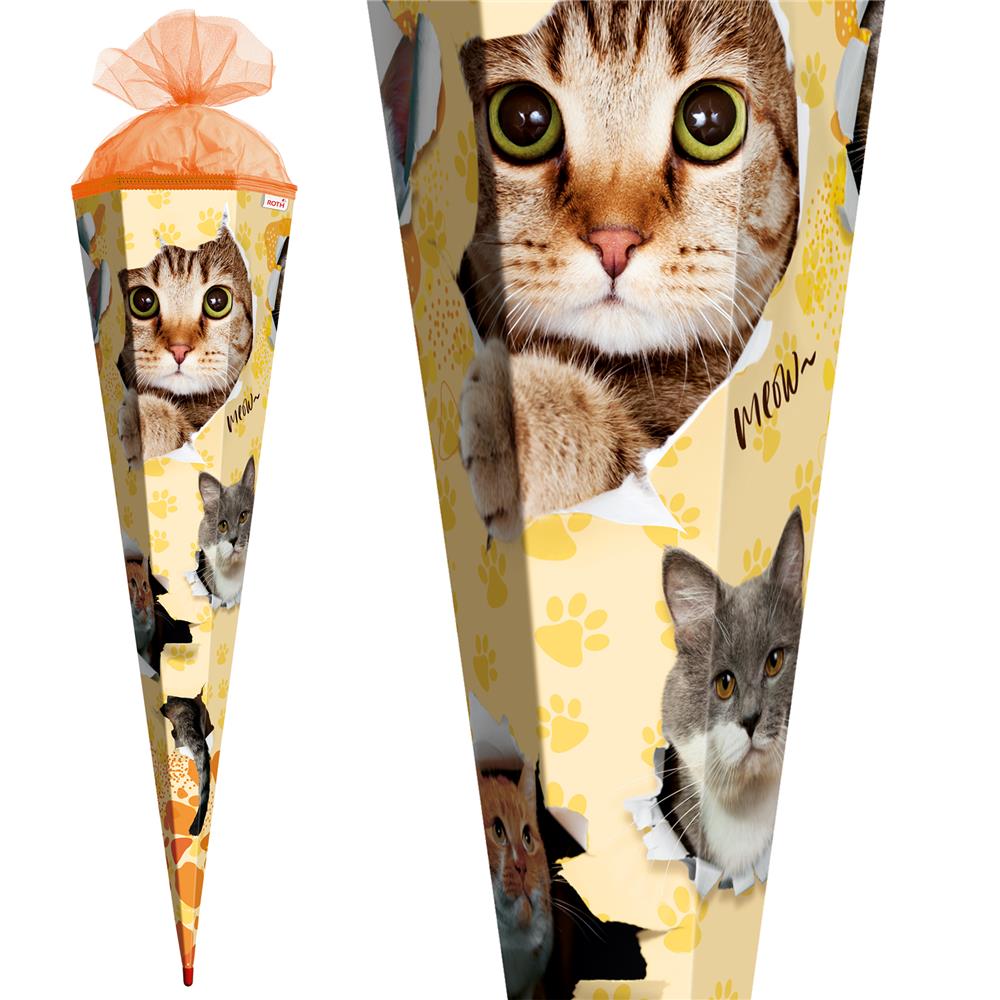Roth Schultüte Katzenparty, 85cm, eckig, Rot(h)-Spitze, Tüllverschluss