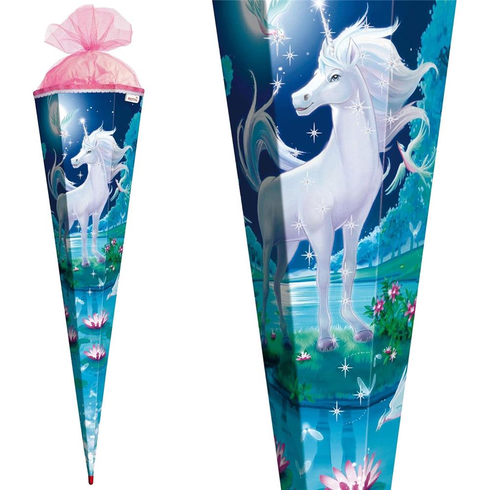 Roth Schultüte Mondscheineinhorn mit Glitter, 85cm, eckig, mit Rot(h)-Spitze und rosa Tüllverschluss