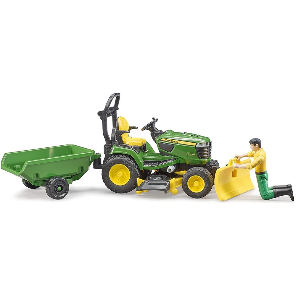 Bruder 62104 - bworld John Deere Aufsitzrasenmäher mit Anhänger und Gärtner