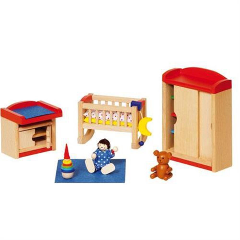 Goki Puppenmöbel Kinderzimmer Baby, 12-teiliges Puppenhauszubehör aus Holz