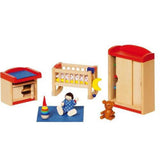 Goki Puppenmöbel Kinderzimmer Baby, 12-teiliges Puppenhauszubehör aus Holz