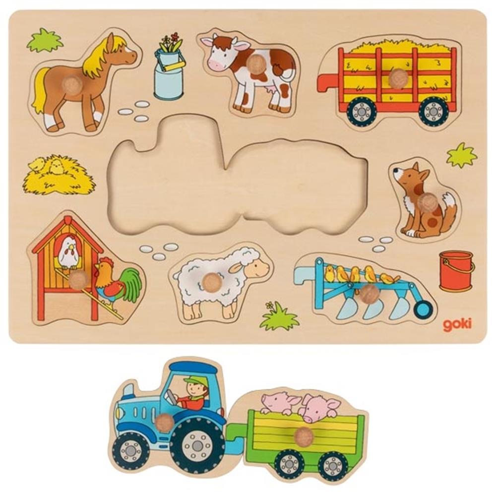 Goki Steckpuzzle Traktor mit Anhängern