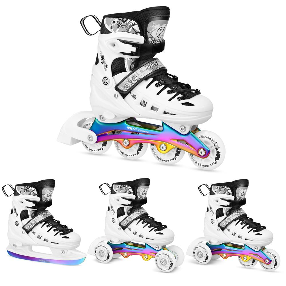 NILS EXTREME NH10905 4in1 LED Inliner Schlittschuhe Rollschuhe Gr. 31-34, Weiß-Rainbow, verstellbar
