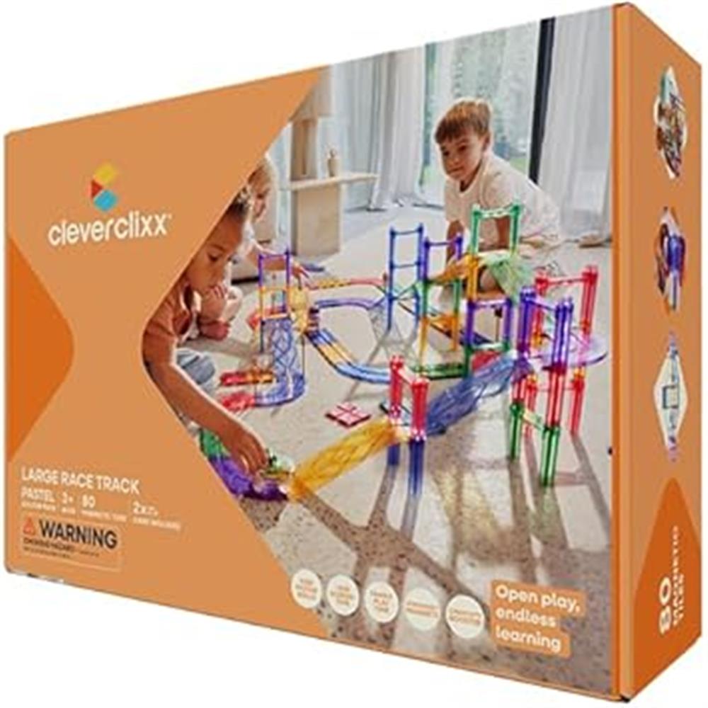 Cleverclixx Autobahn-Bausatz in Pastellfarben 80 Teile, Magnetspielzeug Rennstrecke mit Auto & Verkehrsschilder