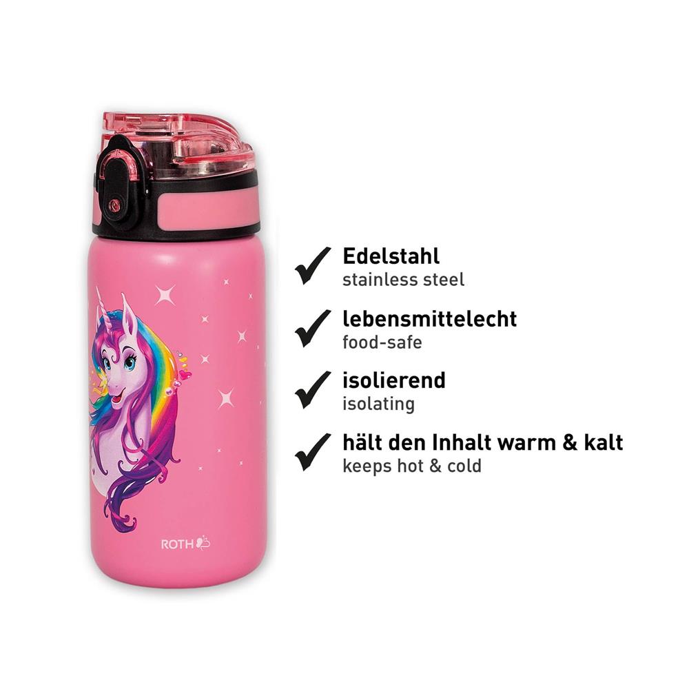 Roth Kinder-Trinkflasche, Einhornportrait, 350ml, Edelstahl, auslaufsicher, isolierend