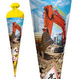 Roth Schultüte Achtung Bagger mit Folieneffekt, 70cm, rund, mit Rot(h)-Spitze und gelbem Filz