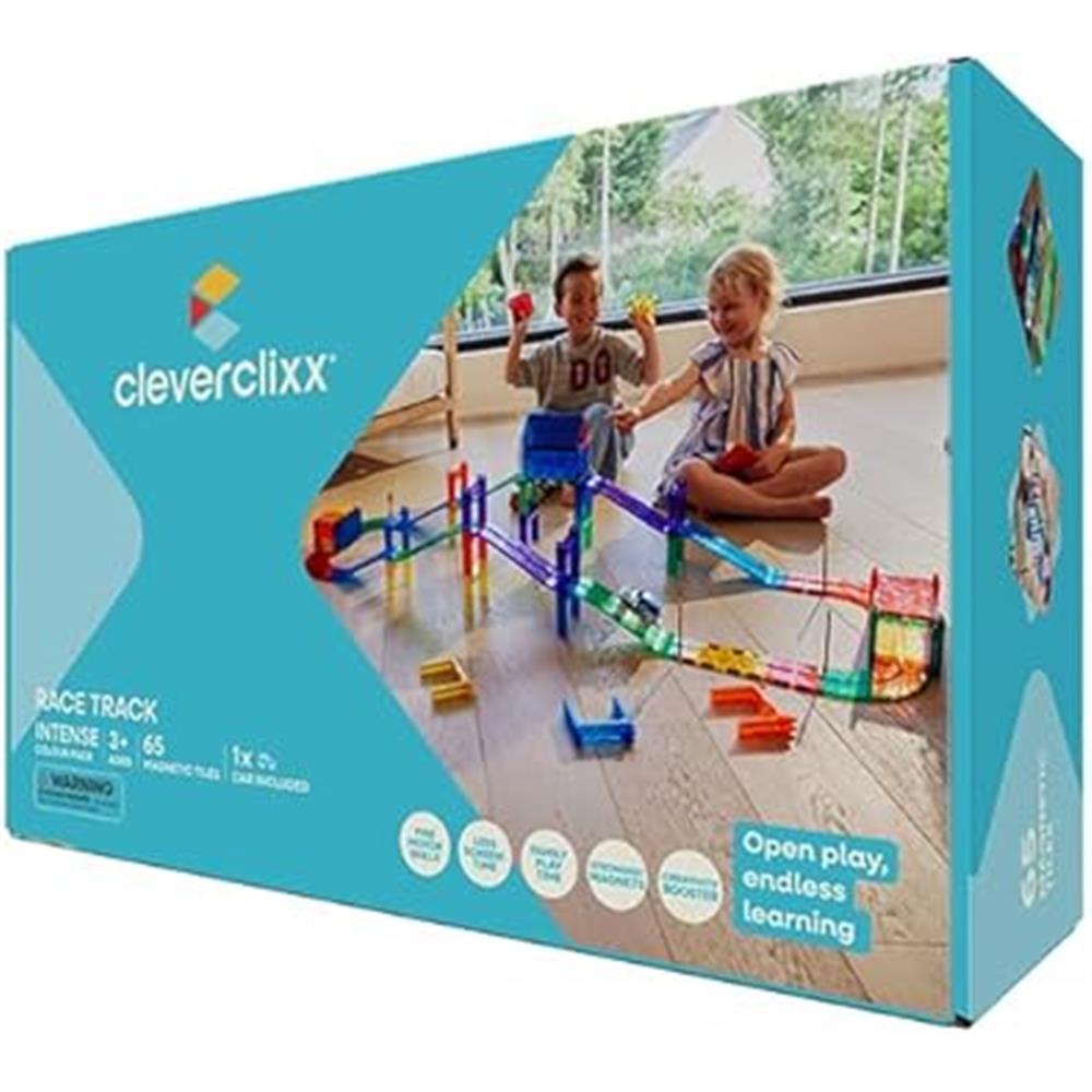 Cleverclixx Autobahn-Bausatz in Knallfarben 65 Teile, Magnetspielzeug Rennstrecke mit Auto & Verkehrsschilder