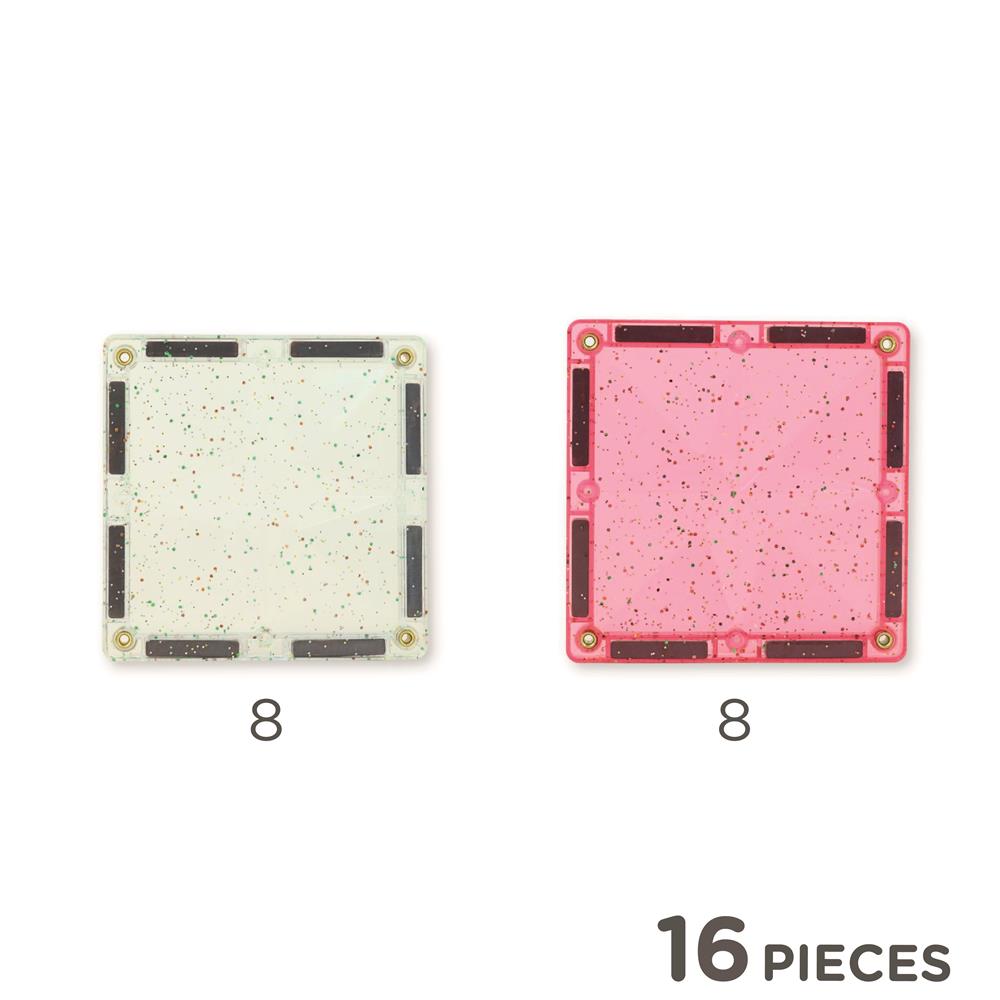 Cleverclixx Glitter Tiles Pack Transparent Rosa 16 Teile, magnetische Glitzer Bausteine, erweiterbare Sets