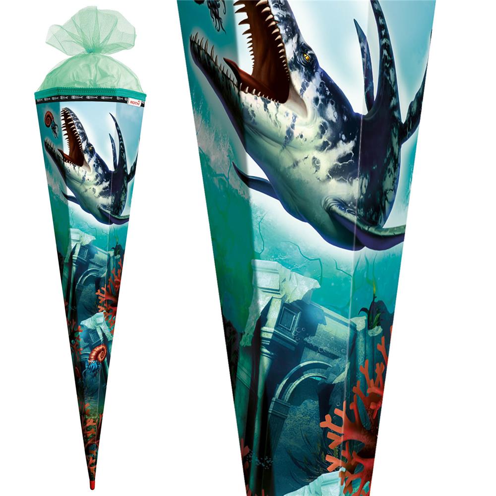 Roth Schultüte Dino Mosasaurus, 85cm, eckig, mit Rot(h)-Spitze, blauem Tüllverschluss + Spezialborte