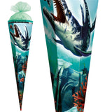 Roth Schultüte Dino Mosasaurus, 85cm, eckig, mit Rot(h)-Spitze, blauem Tüllverschluss + Spezialborte